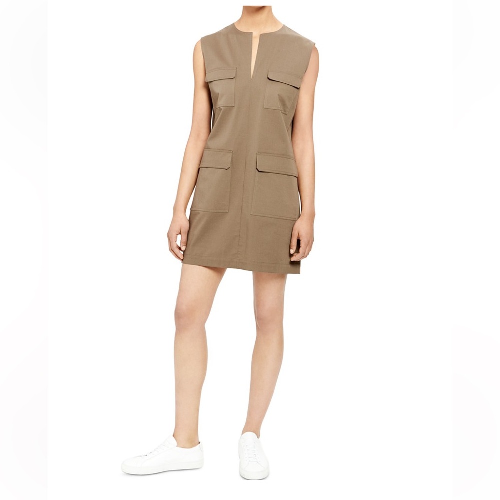 THEORY- Utilitarian Chino Shift Dress in Safari Green